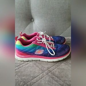 Rainbow Colors Skechers with memory foam sole.